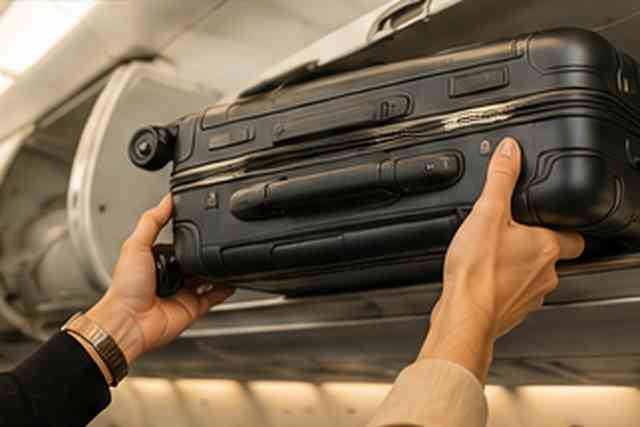 Carry on suitcase being placed in an airplane overhead bin