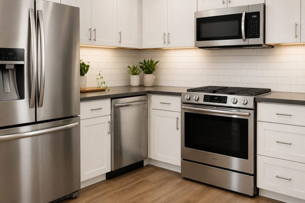 Bright modern kitchen with stainless steel refrigerator, dishwasher, range and microwave