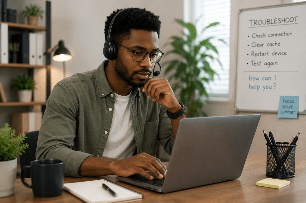 Multilingual remote support professional working with a headset and laptop