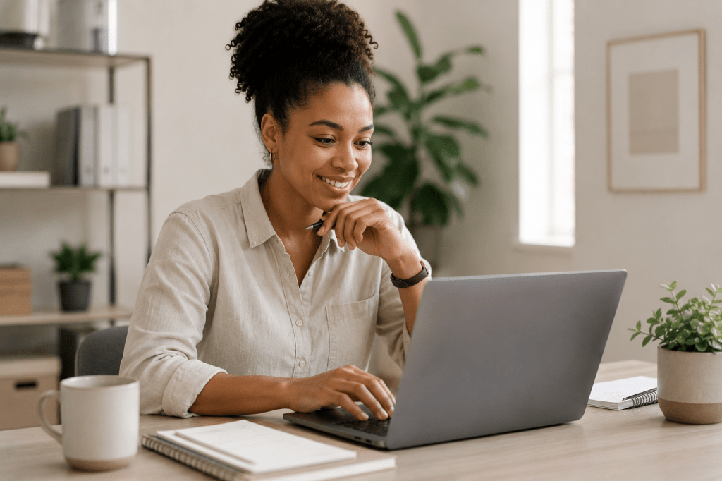 Customer experience professional working remotely with a laptop