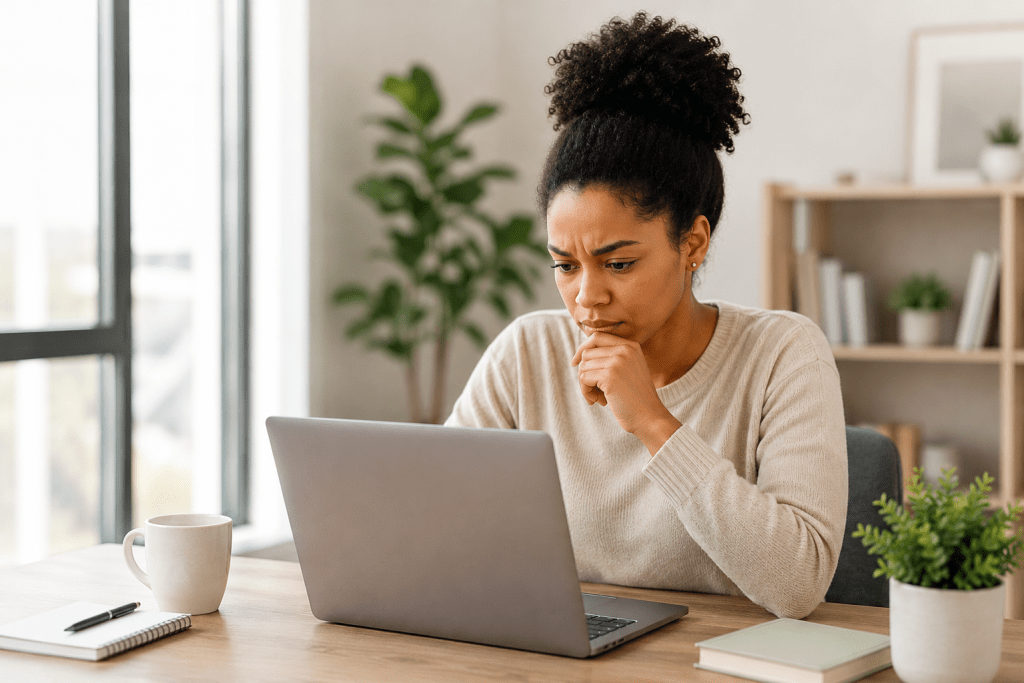Woman reviewing a remote job posting on a laptop before applying