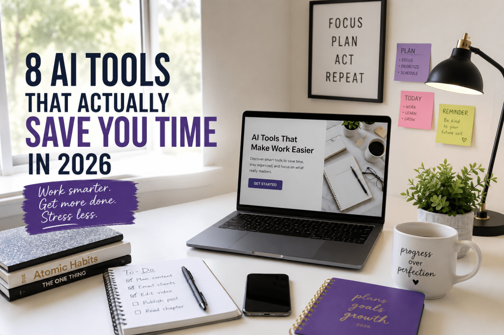 Realistic workspace representing AI tools that help save time with writing, research, design, and everyday productivity in 2026