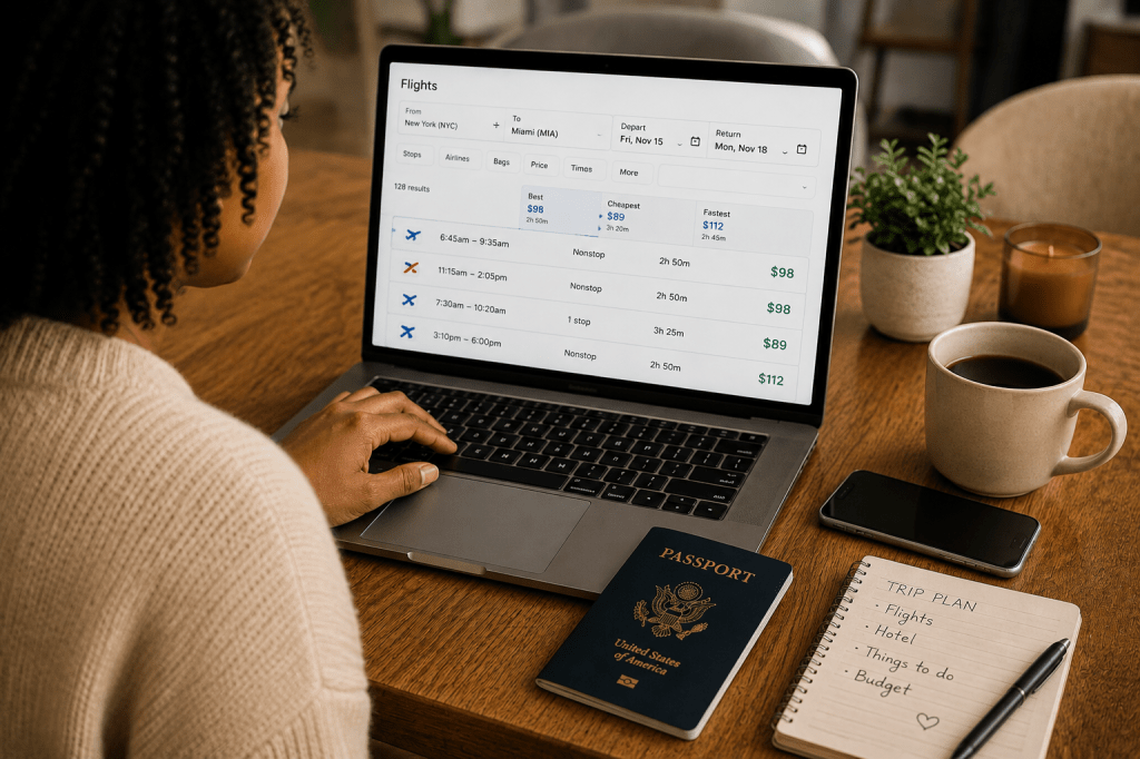 Voyageuse comparant les prix des vols d’automne sur son ordinateur avec un passeport posé à proximité