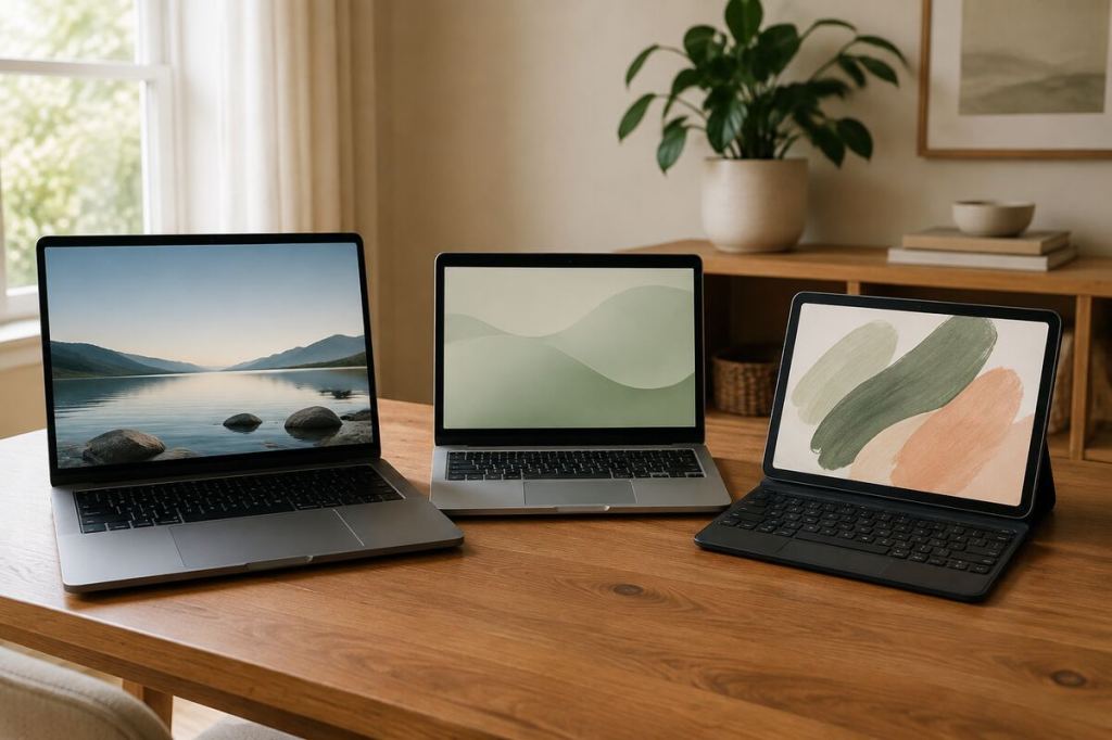 A laptop, Chromebook, and tablet with keyboard arranged on a warm home office desk