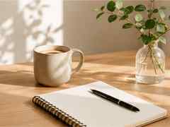 Warm sunlit desk with a coffee cup, notebook, pen, and leafy plant