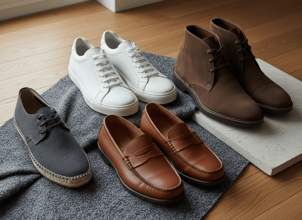 Versatile men's fall shoes including white sneakers, brown boots, loafers and a dark casual shoe