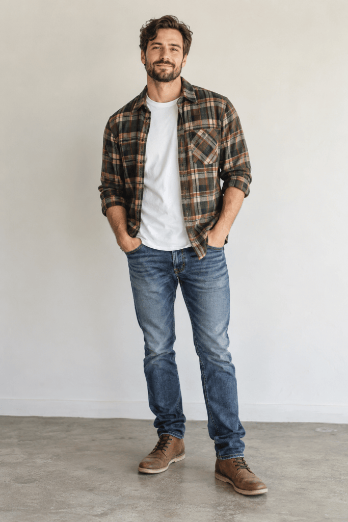 Man wearing jeans, a flannel shirt, a plain T-shirt and brown casual boots for fall