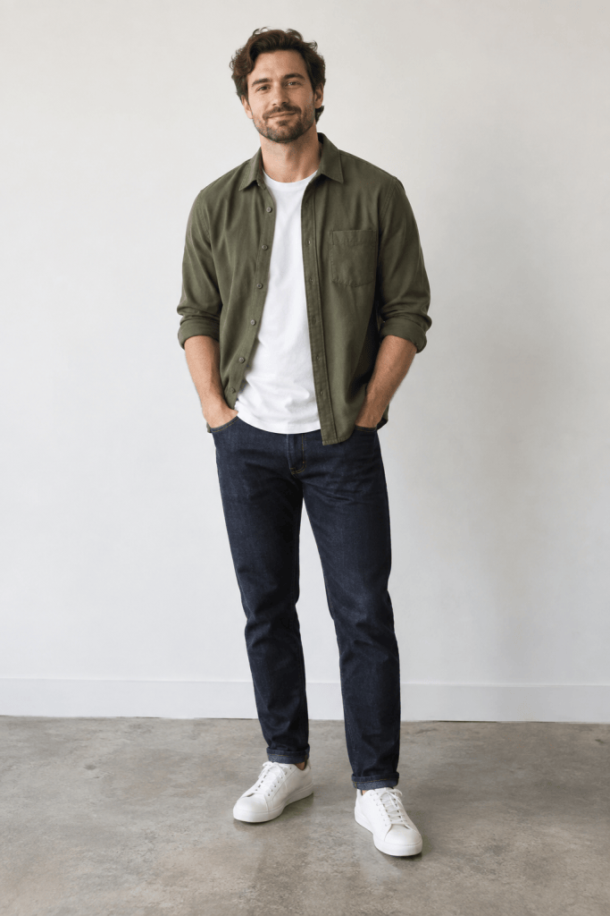 Man wearing dark jeans, a white T-shirt, an olive overshirt and white sneakers for fall