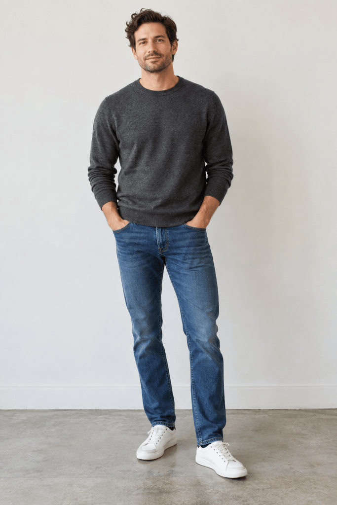 Man wearing jeans, a charcoal crewneck sweater and white sneakers for fall