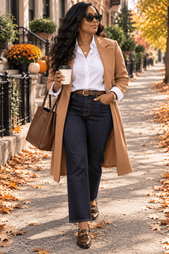Dark jeans with a button down shirt and loafers for fall