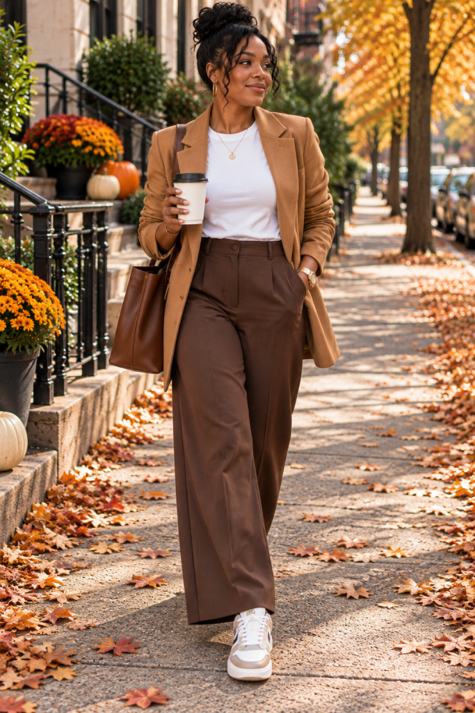 Trousers with a basic tee, blazer and sneakers for fall