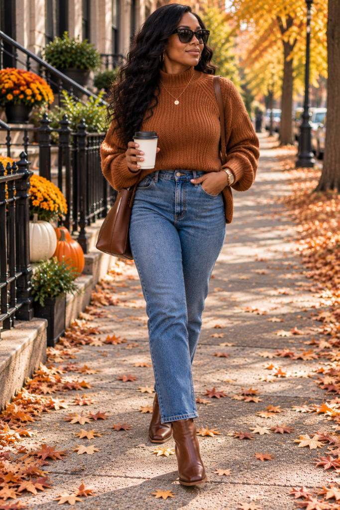Jeans with a sweater and ankle boots for fall
