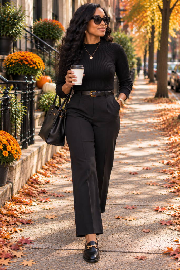 Black trousers with a knit top and loafers for fall