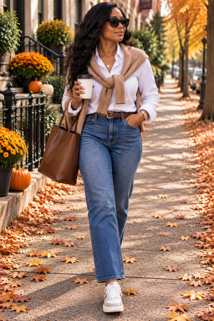 Jeans with a white shirt and sweater layer for fall