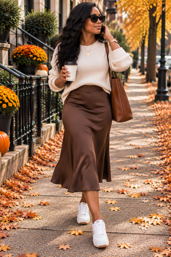 Midi skirt with a tee or sweater and sneakers for fall