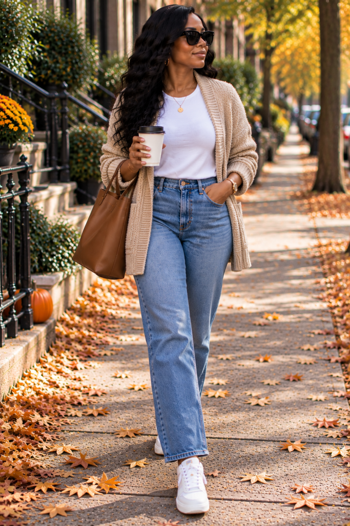 Straight leg jeans with a tee, cardigan and sneakers for fall