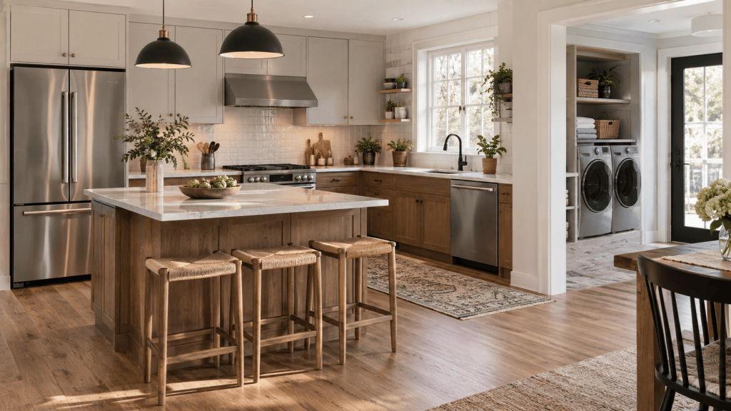 Bright modern kitchen with stainless steel refrigerator, stove, dishwasher, and laundry nook