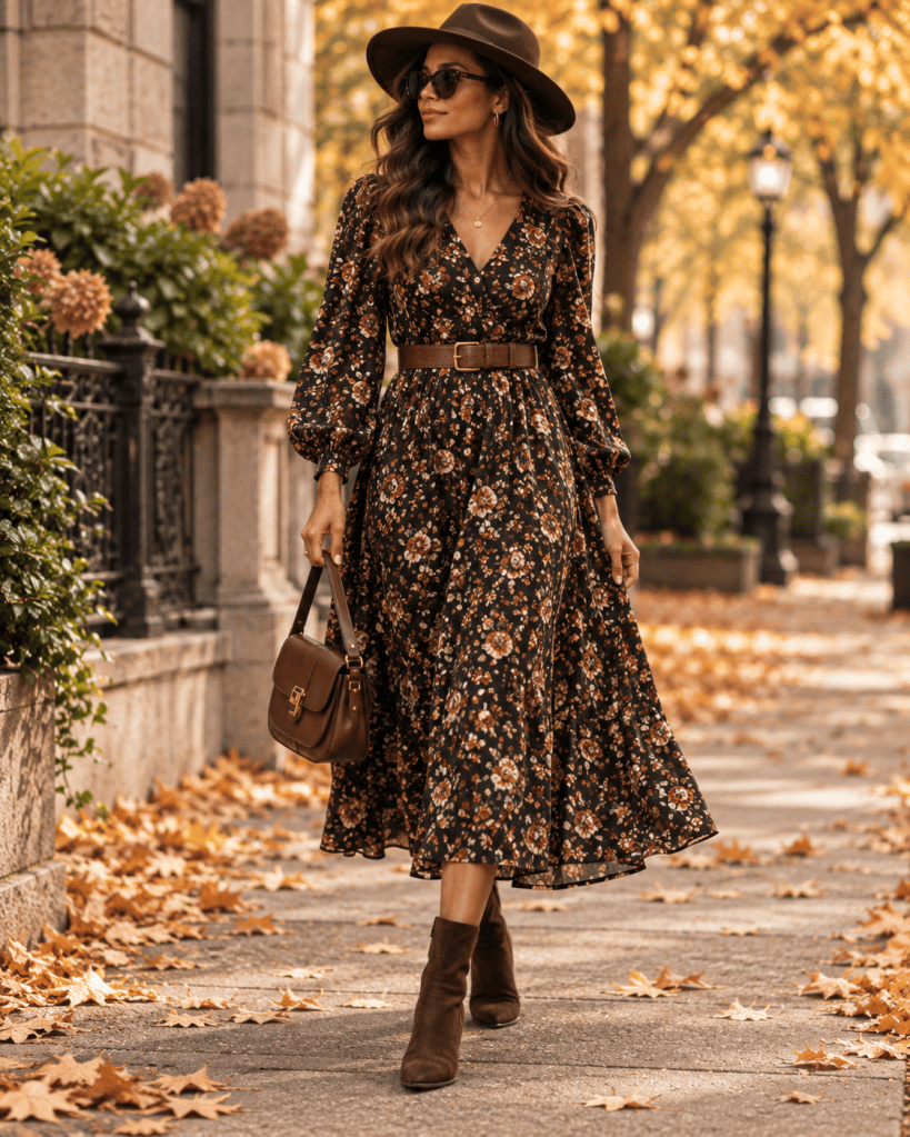 Vintage inspired dark floral fall midi dress with belt hat and ankle boots