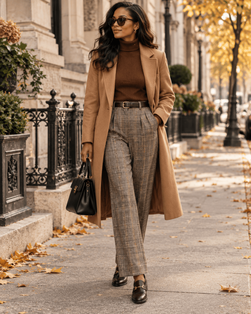 Vintage inspired fall outfit with camel coat plaid trousers and loafers
