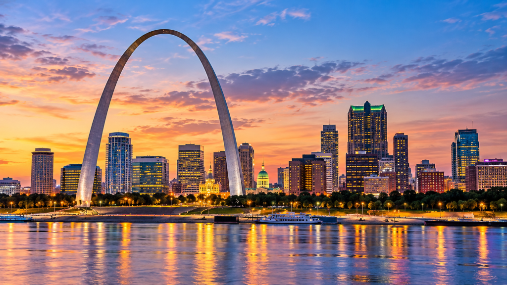 St. Louis, Missouri skyline with the Gateway Arch at sunset