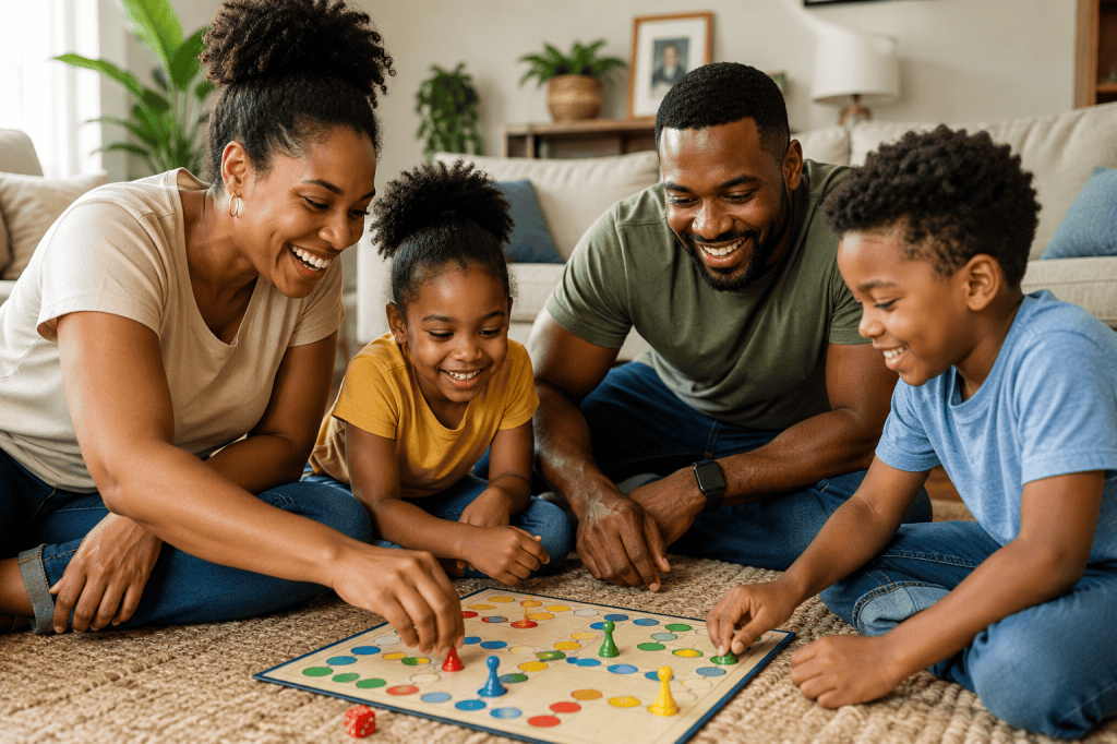 Family playing a board game together at home for screen-free bonding time