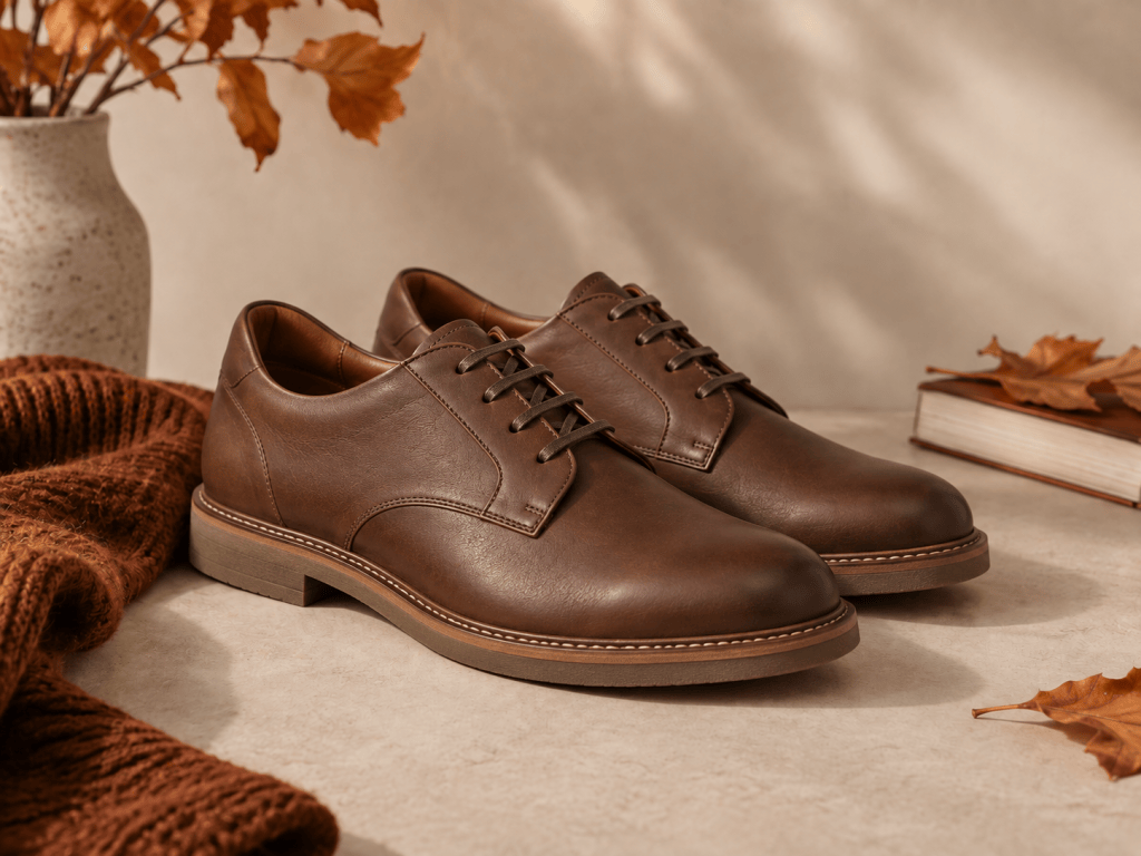 Brown casual Derby shoes styled for fall