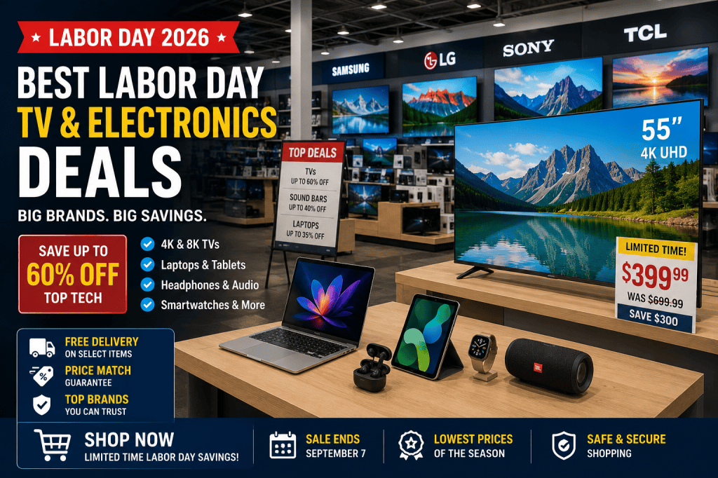 Labor Day 2026 TV and electronics deals displayed in a modern electronics store showroom