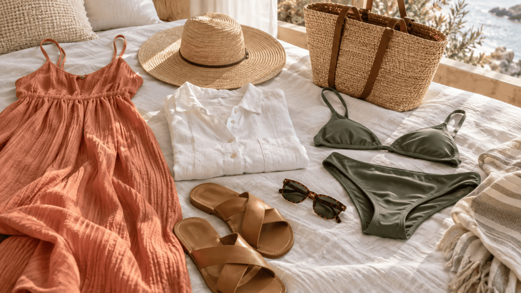 Summer clothing flat lay with dress, swimsuit, sandals, straw hat, and beach tote