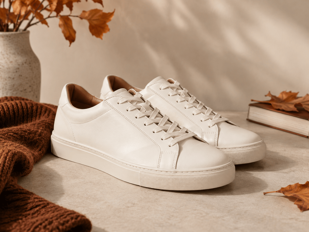 Clean off white men's sneakers styled for fall