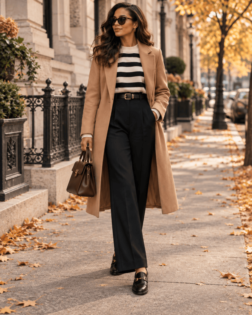 Elegant fall outfit with cream sweater brown satin midi skirt and ankle boots