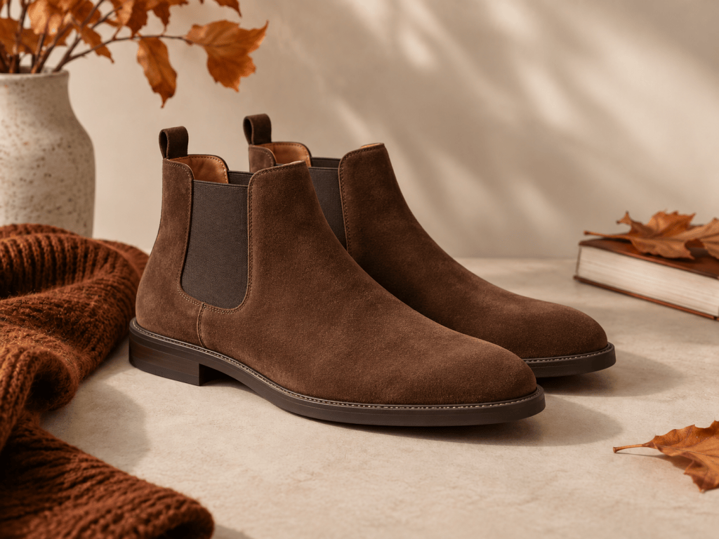 Brown suede Chelsea boots styled for fall