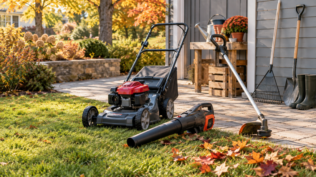 Lawn mower, leaf blower, and garden tools in a tidy yard during autumn