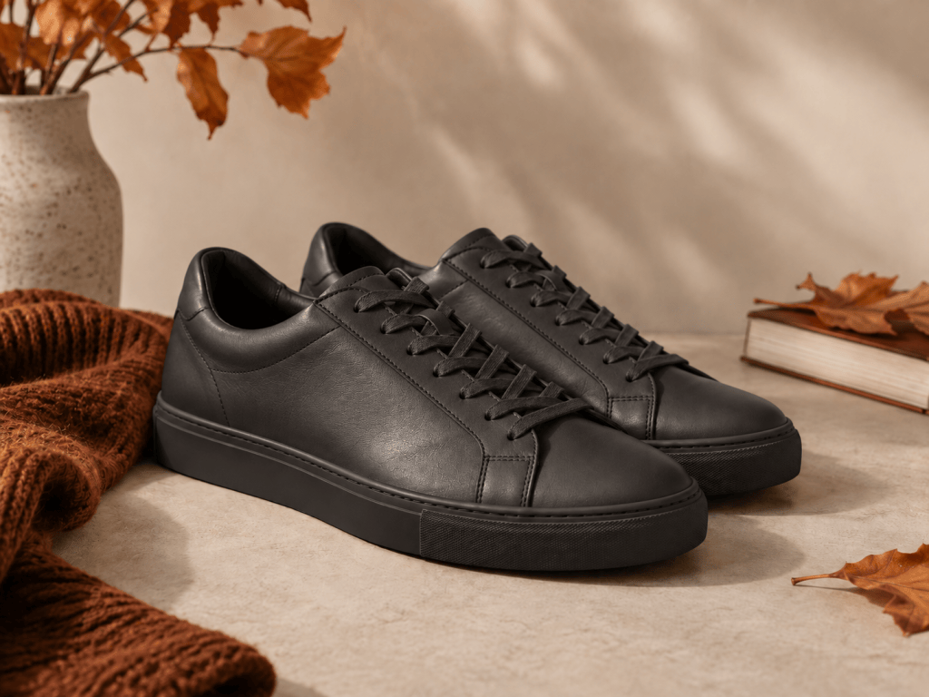 Dark minimal men's sneakers styled for fall
