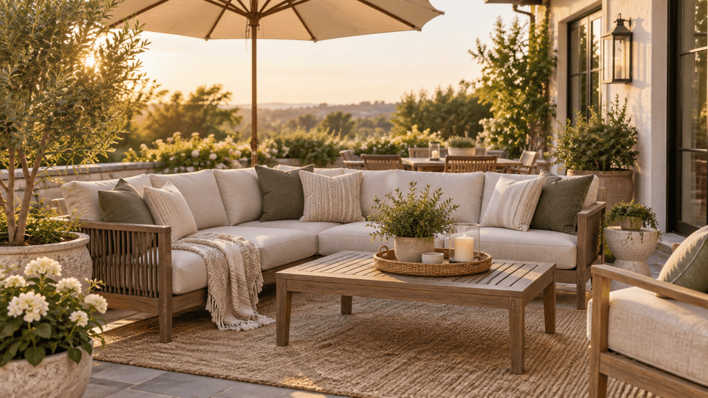 Outdoor patio with cushioned seating, umbrella, coffee table, and warm sunset light