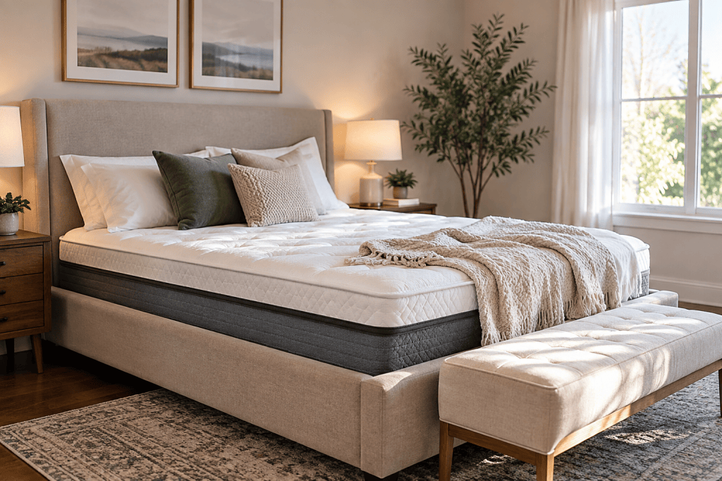 Sunlit modern bedroom with a realistic queen mattress and layered neutral bedding