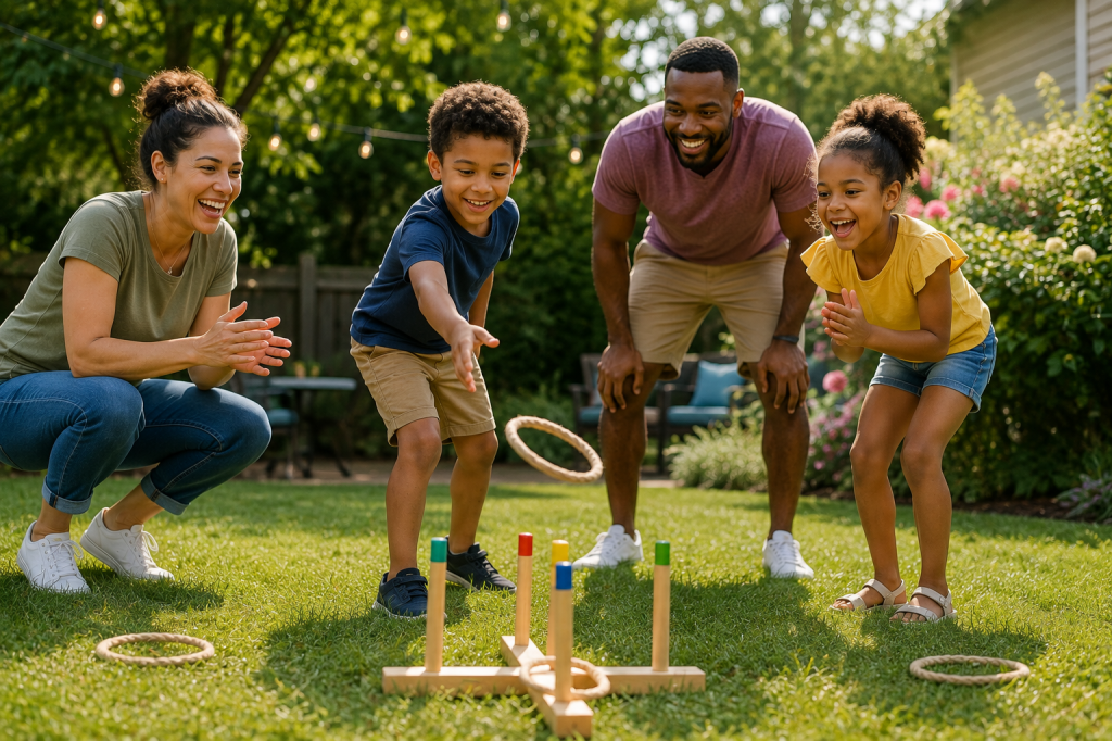 Famille jouant ensemble à un jeu en plein air dans le jardin