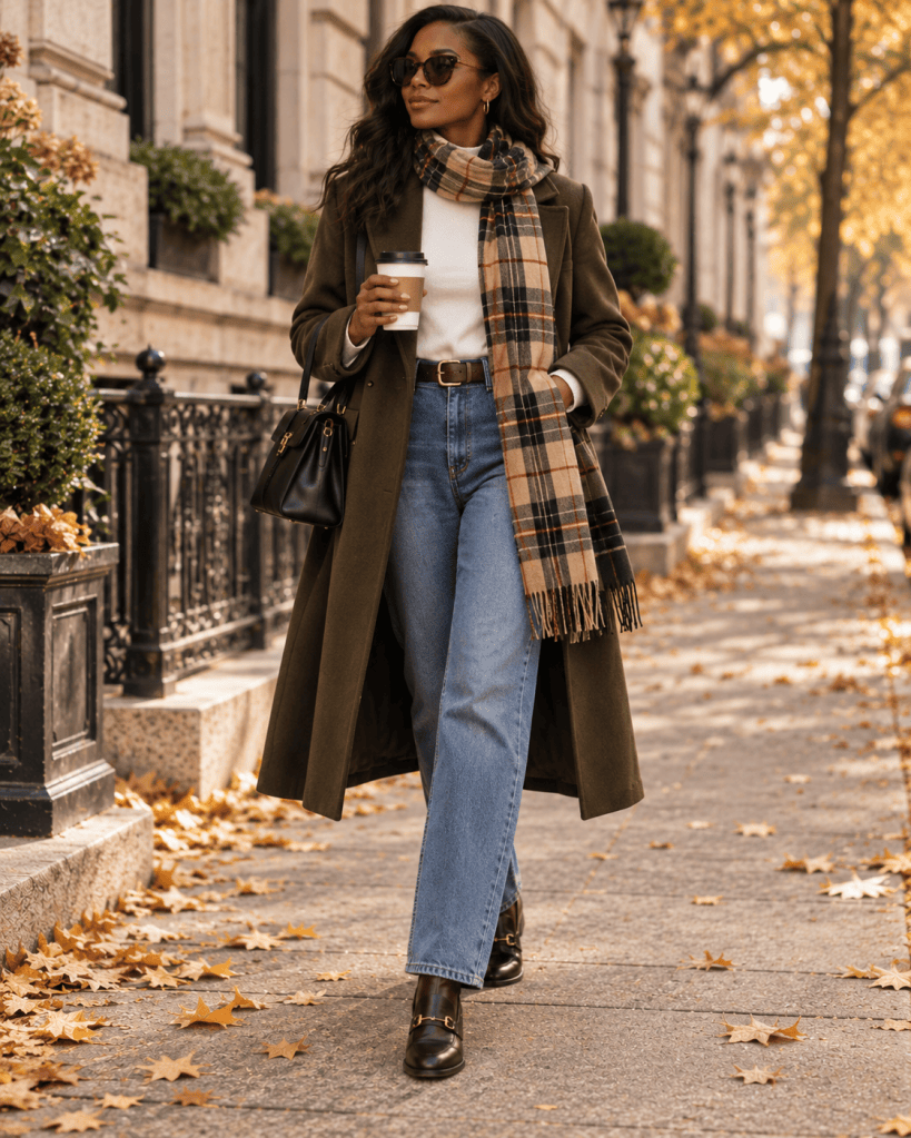Vintage inspired fall outfit with brown corduroy jacket cream trousers and loafers