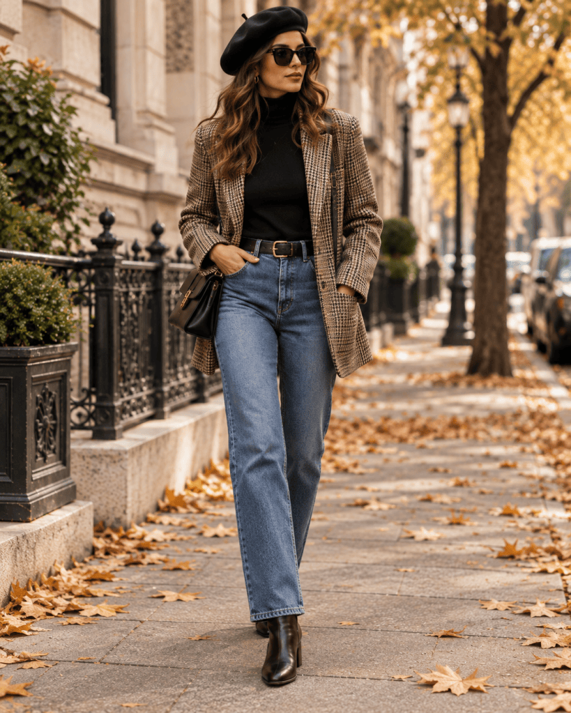 Modern vintage fall outfit with houndstooth mini skirt turtleneck long coat and tall boots