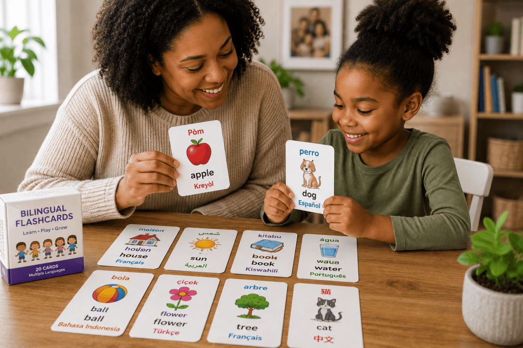Parent et enfant pratiquant plusieurs langues avec des cartes de vocabulaire