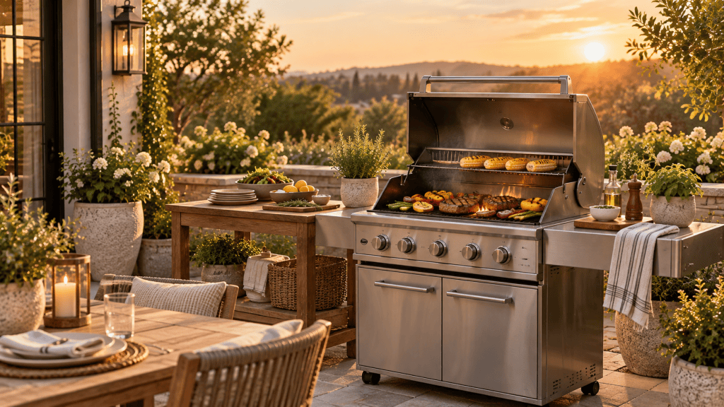 Backyard grilling setup with a realistic stainless steel grill and outdoor dining area