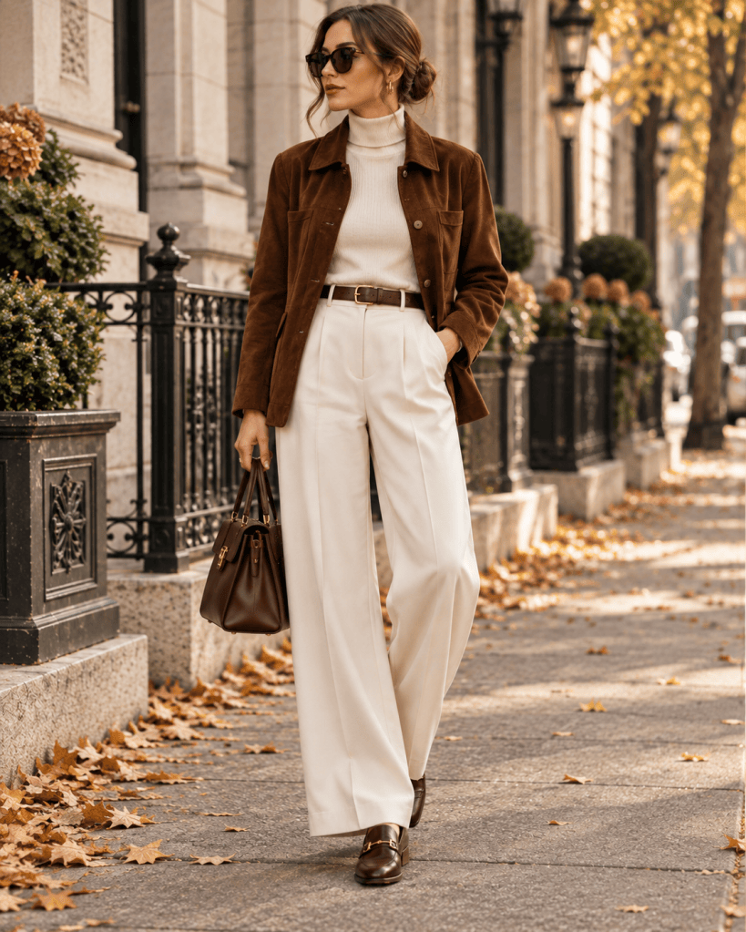 Modern vintage fall outfit with plaid blazer straight jeans beret and boots