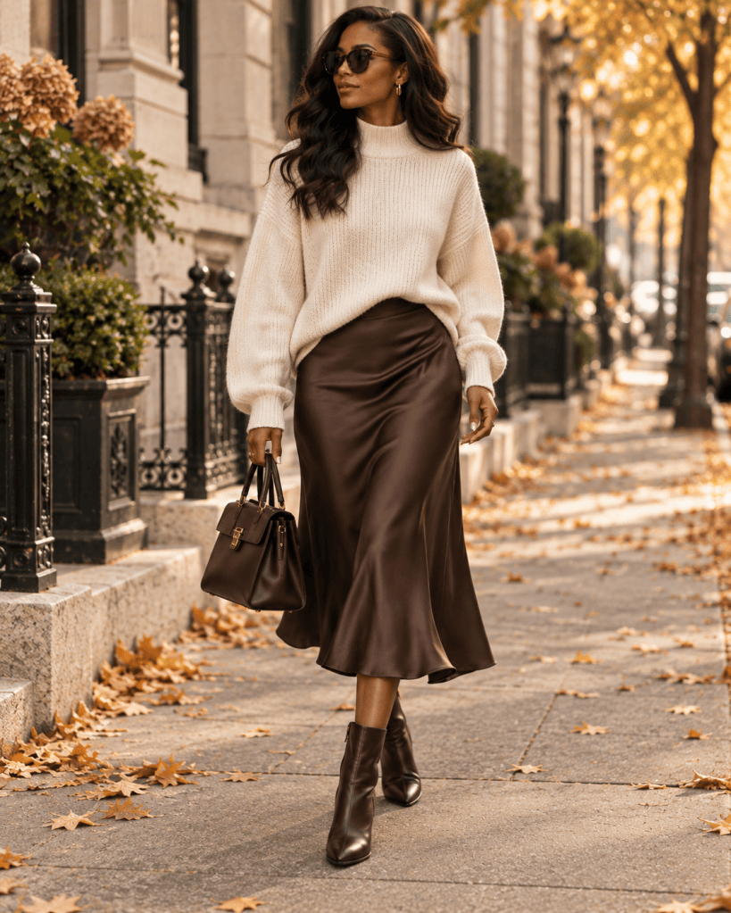 Classic fall outfit with striped knit black trousers camel coat and loafers