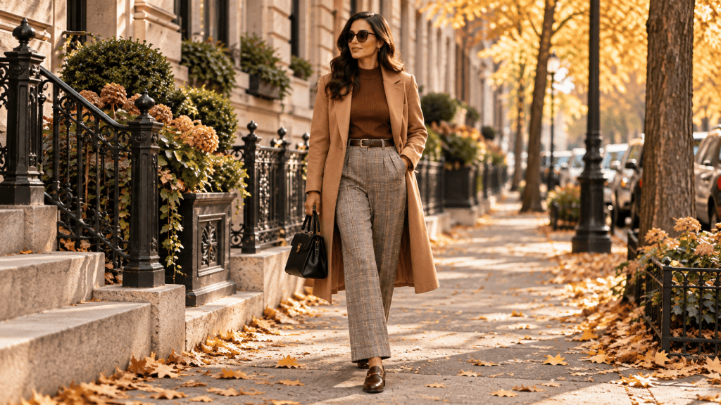 Vintage inspired fall outfit with camel coat plaid trousers and loafers on an autumn city street