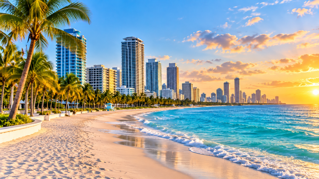 Florida coastal city skyline with palm trees and beach at sunset