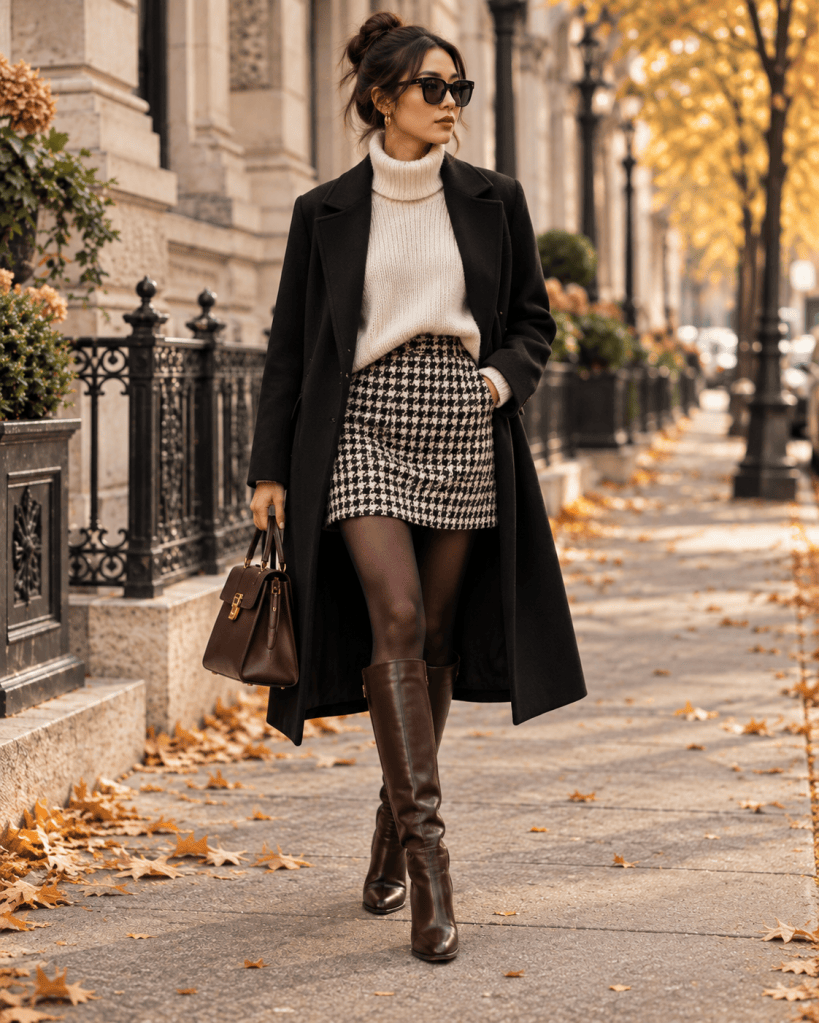 Casual vintage inspired fall outfit with olive coat jeans plaid scarf and loafers
