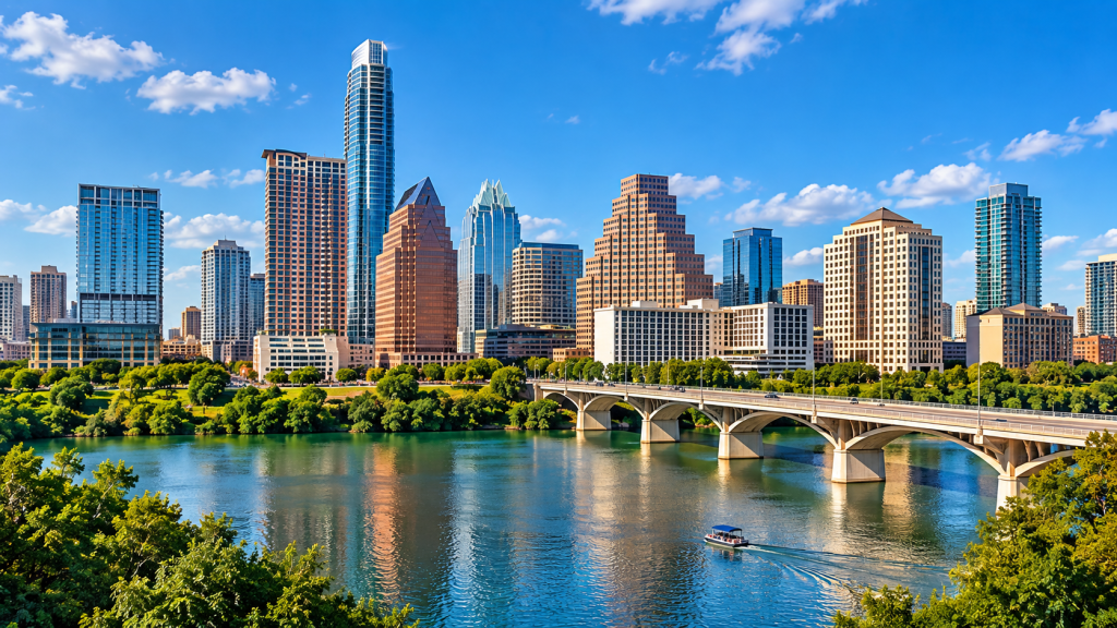 Austin, Texas downtown skyline and river in daylight
