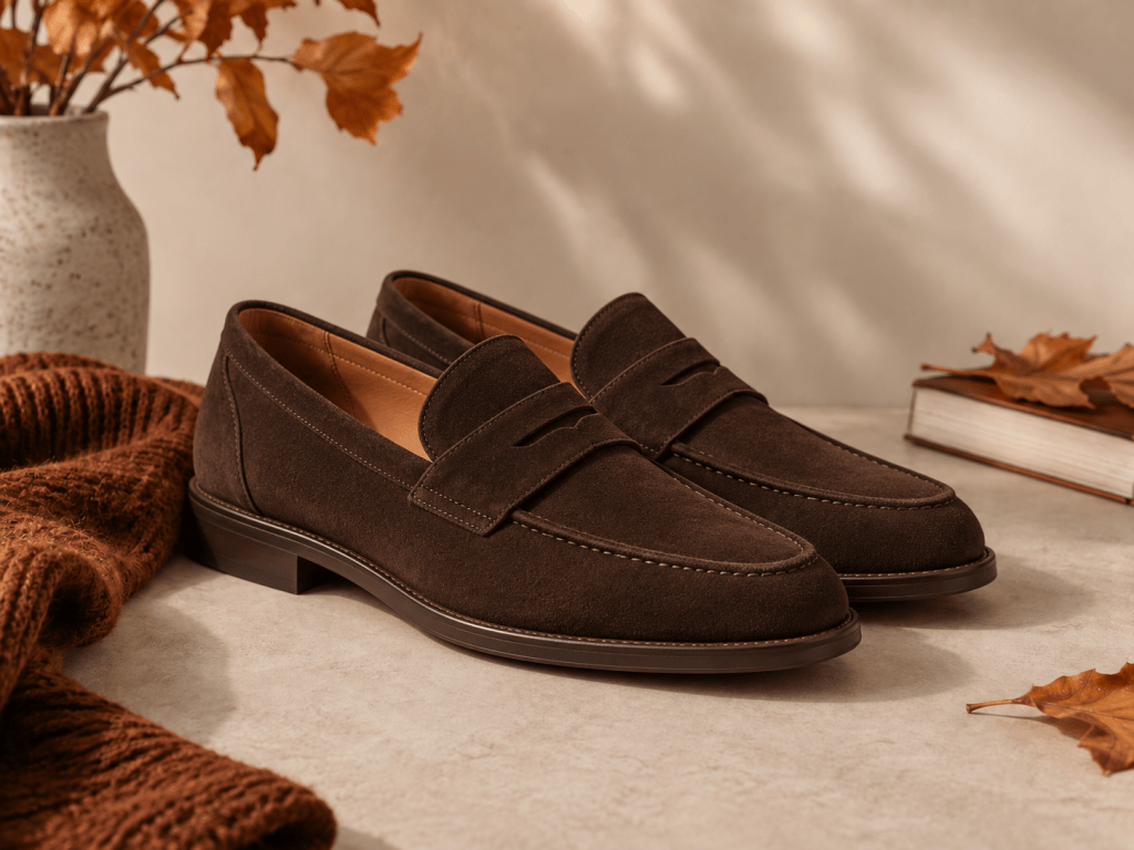 Dark brown men's loafers styled for autumn