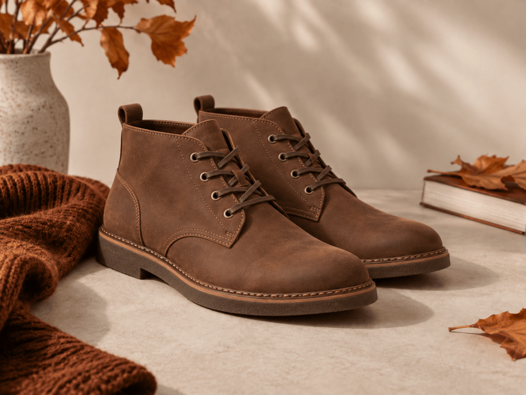 Brown casual men's boots styled for autumn
