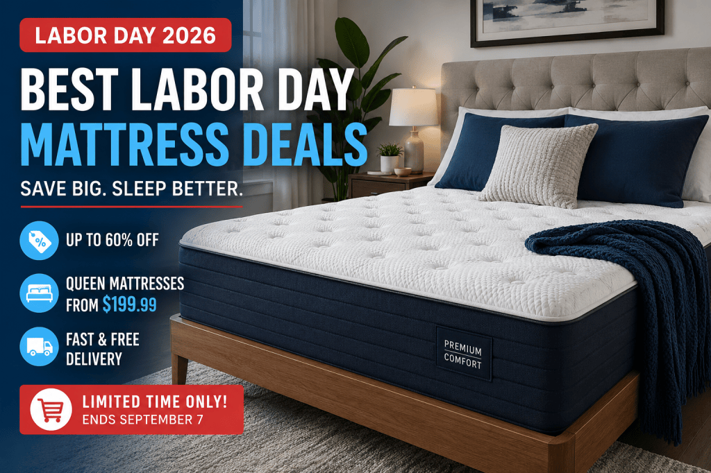 Labor Day 2026 mattress deals promotion with a premium mattress in a modern bedroom