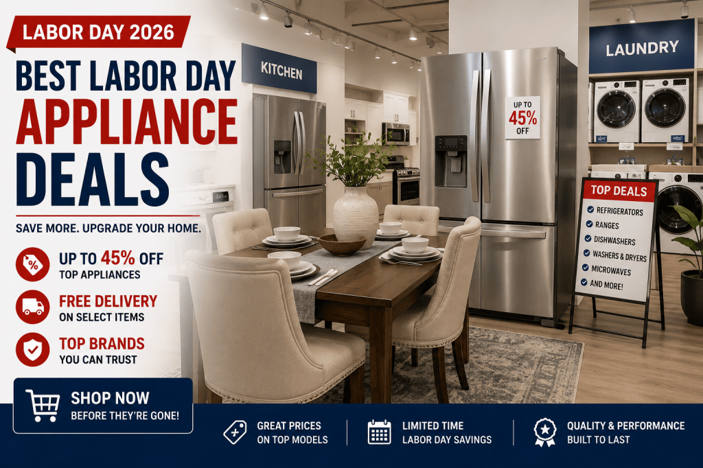Labor Day 2026 appliance deals in a major appliance store showroom with refrigerators, washers and dryers